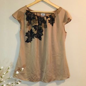 Stunning Tan Blouse with Black Lace Printed Accent